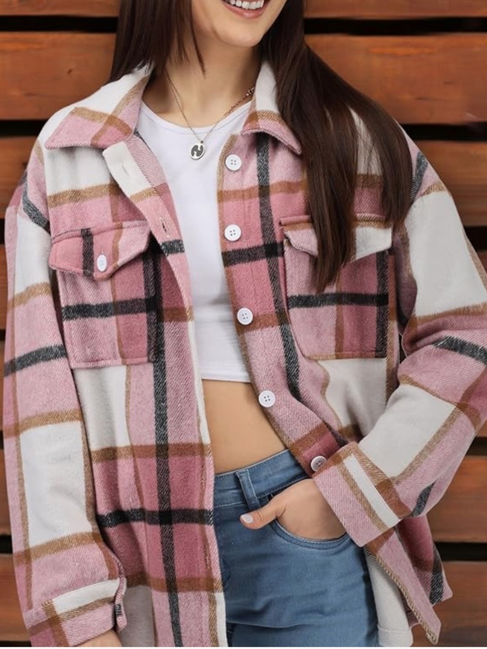 Chic Nation Pink Plaid Utility Shacket Jacket